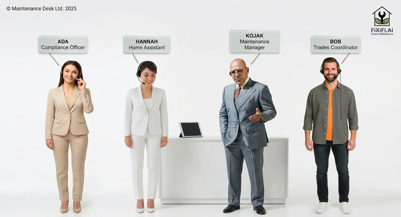 The FiXiFi.ai Squad for AI property maintenance — Ada (Compliance Officer), Hannah (Home Assistant), Kojak (Maintenance Manager) and Bob (Trades Coordinator)